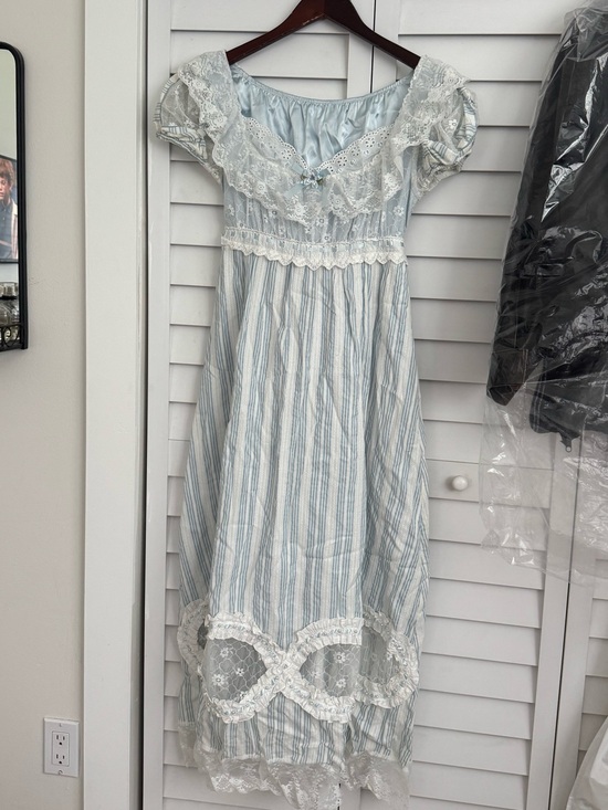 Lacemade Dresses & Skirts - Bridgerton Inspired Blue and White Striped Lace Trim Dress
